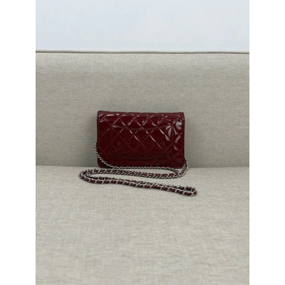CHANEL Burgundy Patent Leather Wallet on Chain WOC SHW